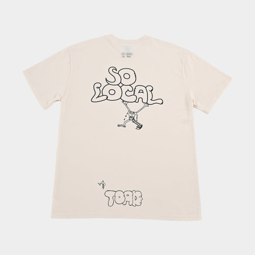 Back flatlay of SO LOCAL heavy faded t-shirt in butter, surf and skate streetwear, Gold Coast Australia  