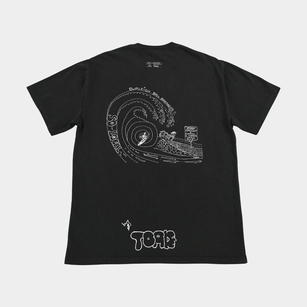 Back flatlay  BURLEIGH BALL BREAKERS heavy faded t-shirt in black, surf and skate streetwear, Gold Coast Australia  