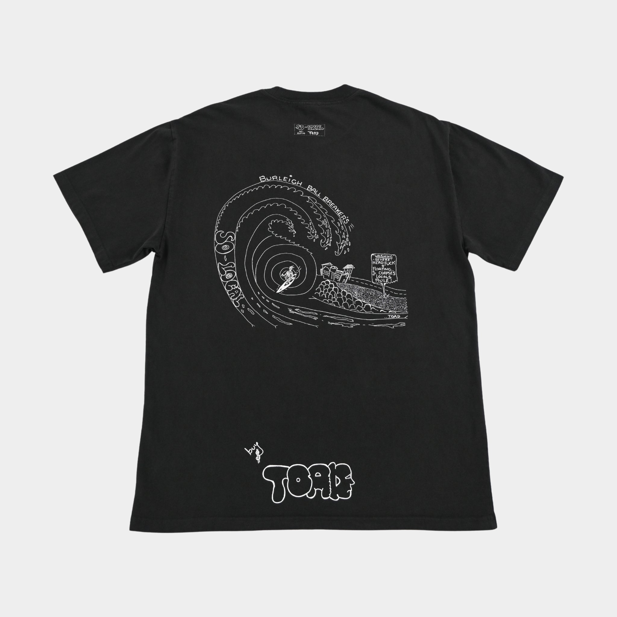 Back flatlay  BURLEIGH BALL BREAKERS heavy faded t-shirt in black, surf and skate streetwear, Gold Coast Australia  