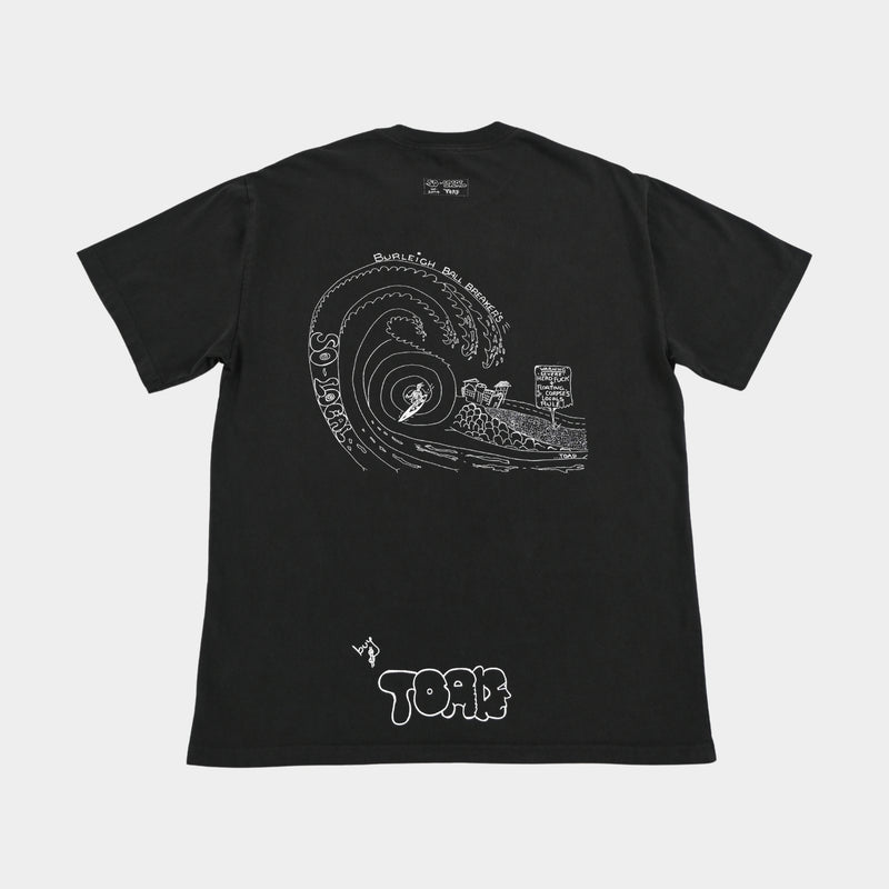 Back flatlay  BURLEIGH BALL BREAKERS heavy faded t-shirt in black, surf and skate streetwear, Gold Coast Australia  