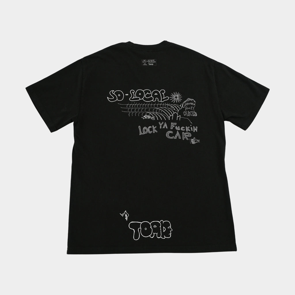 Back flatlay  CURRUMBIN ALLEY RATS heavy faded t-shirt in black, surf and skate streetwear, Gold Coast Australia  