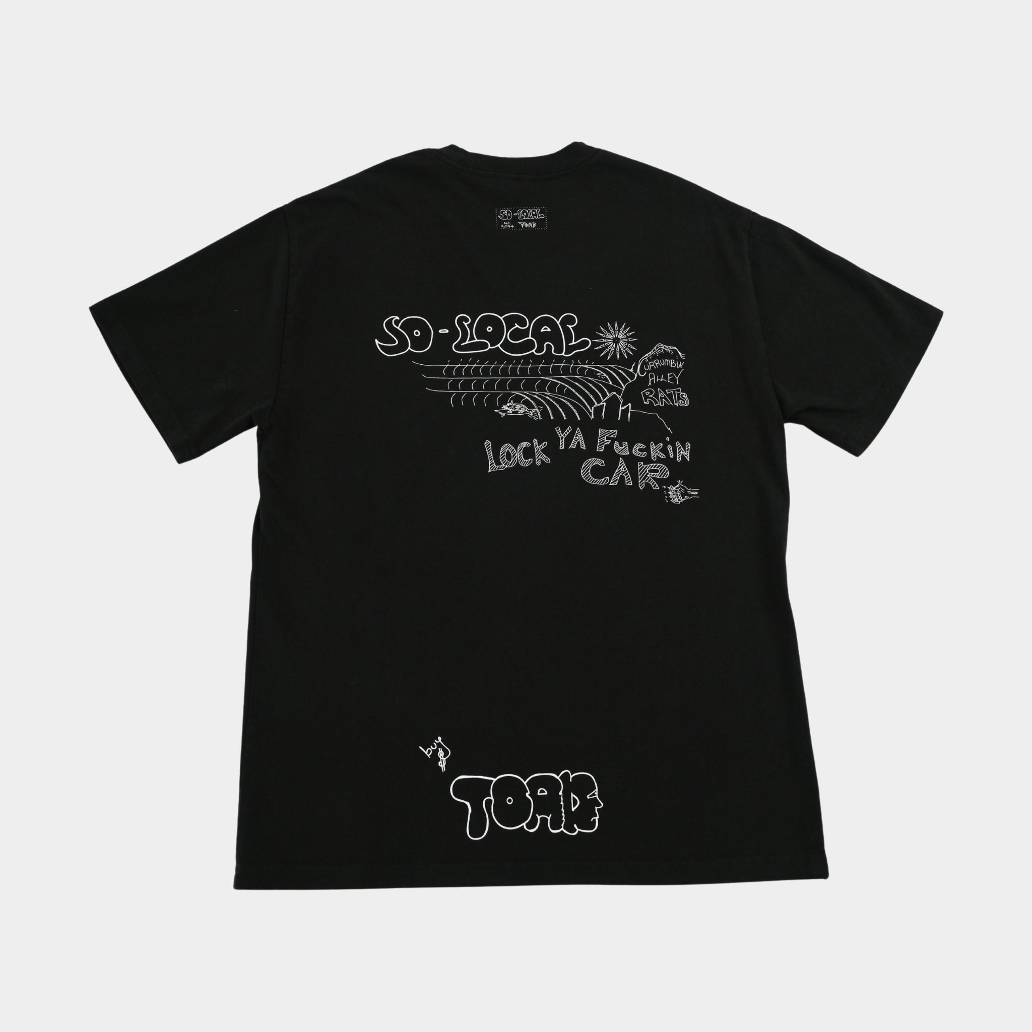 Back flatlay  CURRUMBIN ALLEY RATS heavy faded t-shirt in black, surf and skate streetwear, Gold Coast Australia  