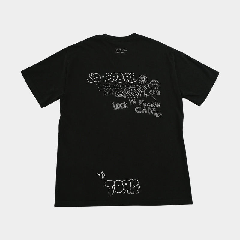 Back flatlay  CURRUMBIN ALLEY RATS heavy faded t-shirt in black, surf and skate streetwear, Gold Coast Australia  