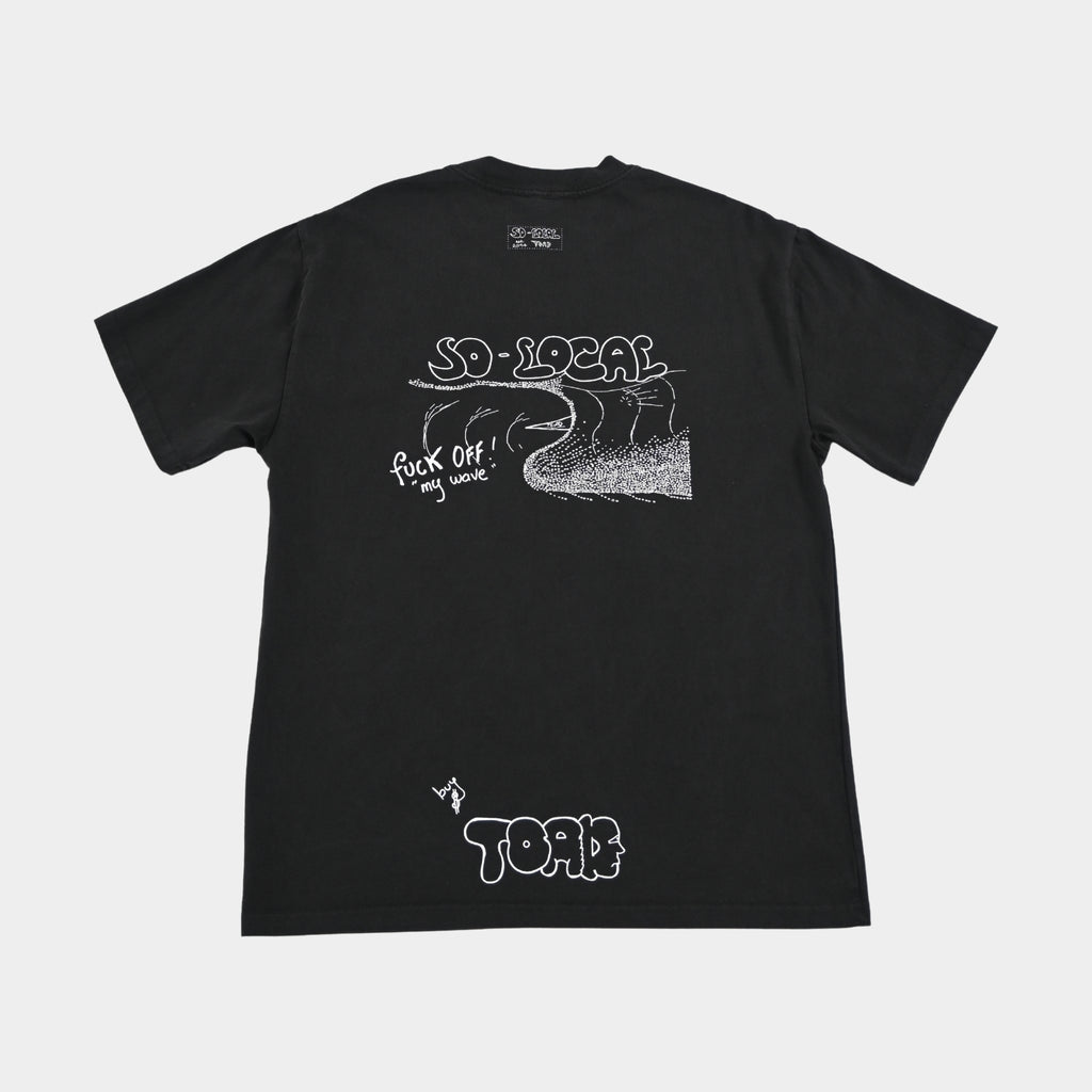 Back flatlay  F*CK OFF MY WAVE heavy faded t-shirt in black, surf and skate streetwear, Gold Coast Australia  