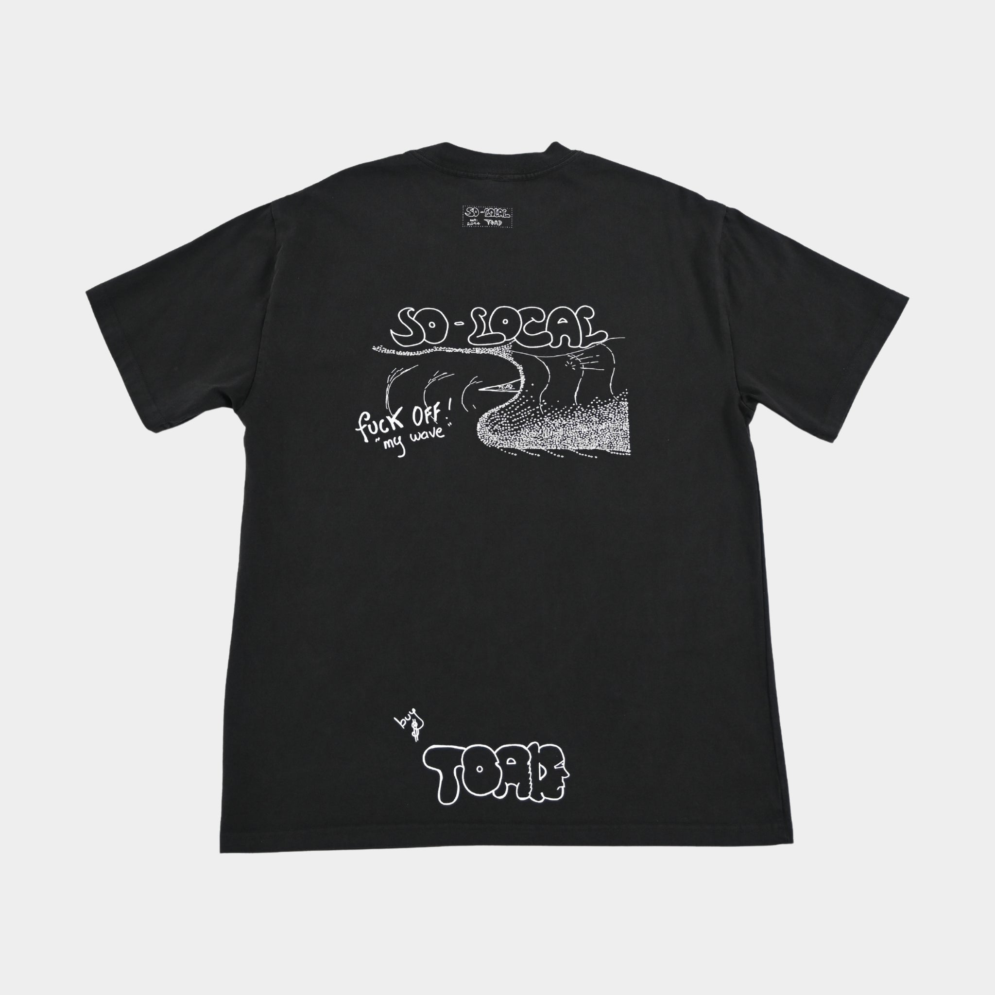 Back flatlay  F*CK OFF MY WAVE heavy faded t-shirt in black, surf and skate streetwear, Gold Coast Australia  