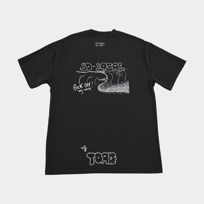 Back flatlay  F*CK OFF MY WAVE heavy faded t-shirt in black, surf and skate streetwear, Gold Coast Australia  