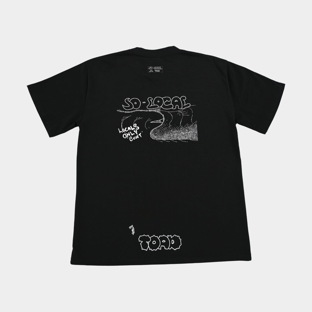 Back flatlay  LOCALS ONLY C#NT heavy faded t-shirt in black, surf and skate streetwear, Gold Coast Australia   