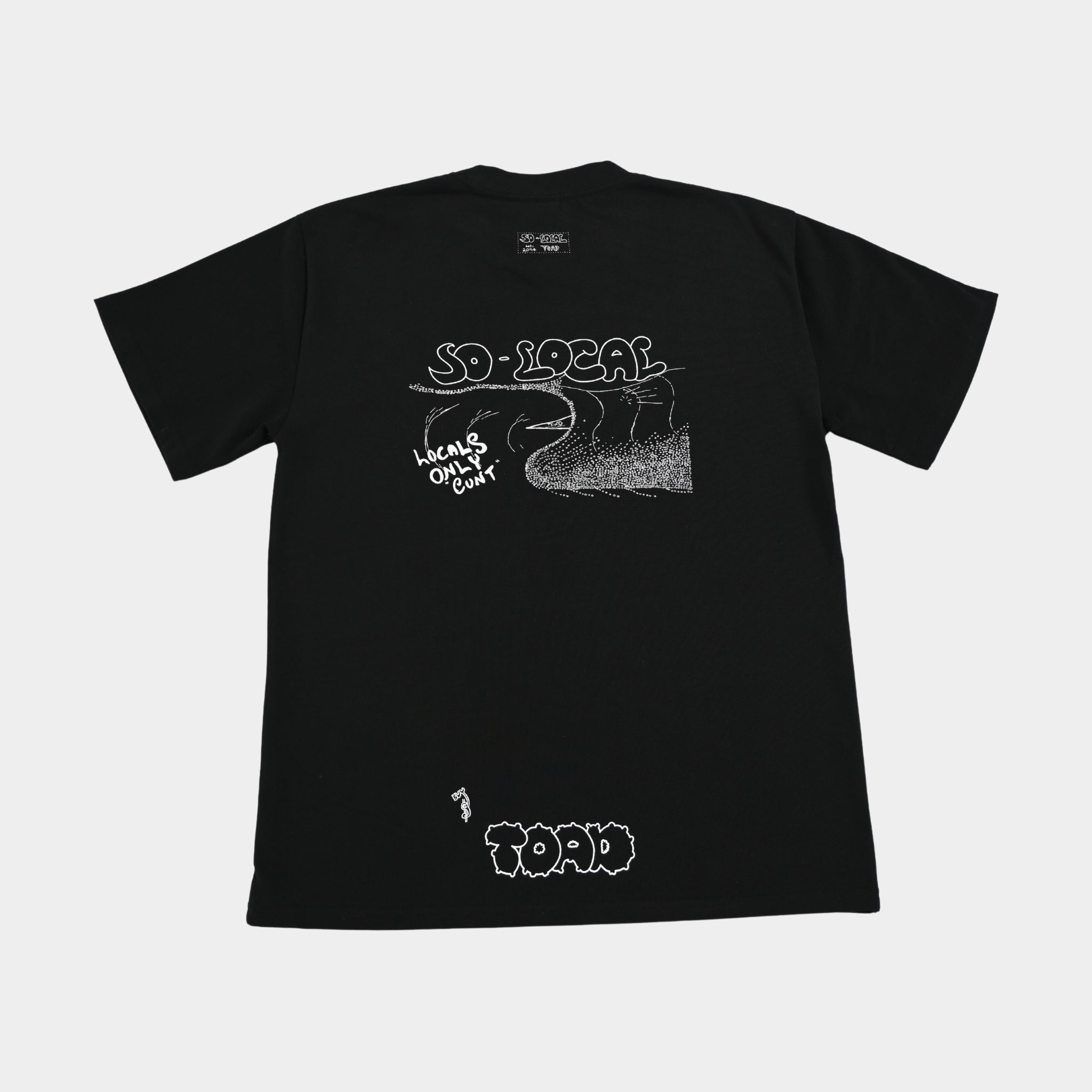 Back flatlay  LOCALS ONLY C#NT heavy faded t-shirt in black, surf and skate streetwear, Gold Coast Australia   