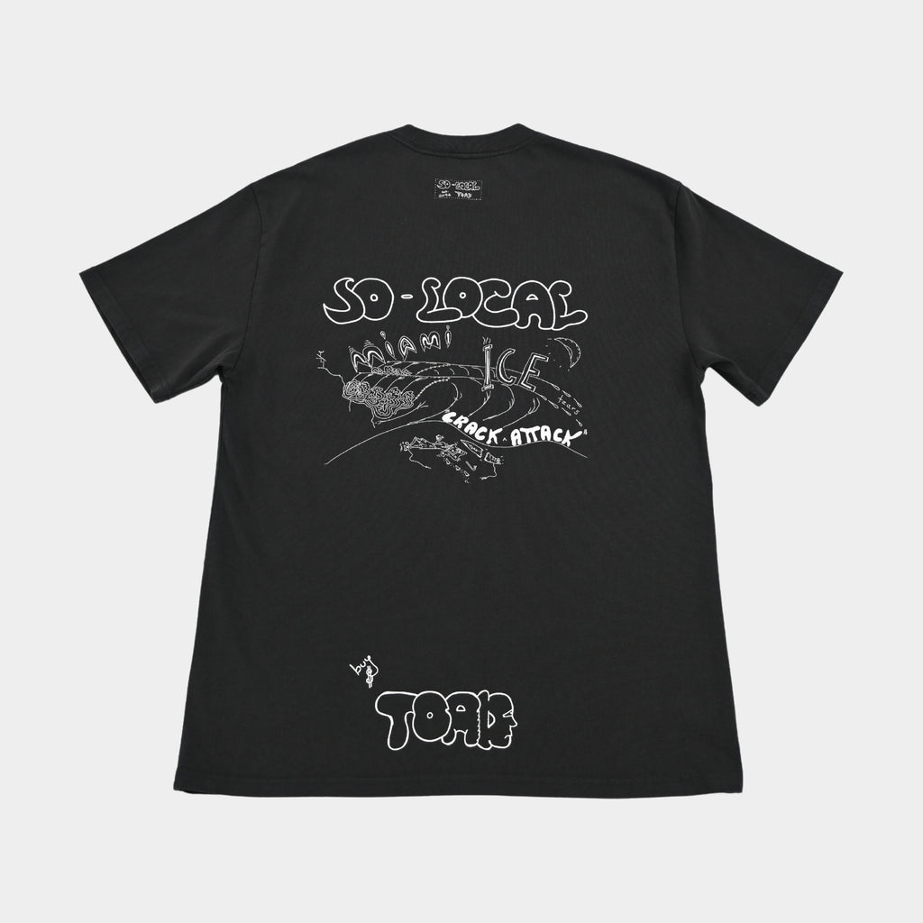 Back flatlay  MIAMI ICE heavy faded t-shirt in black, surf and skate streetwear, Gold Coast Australia  