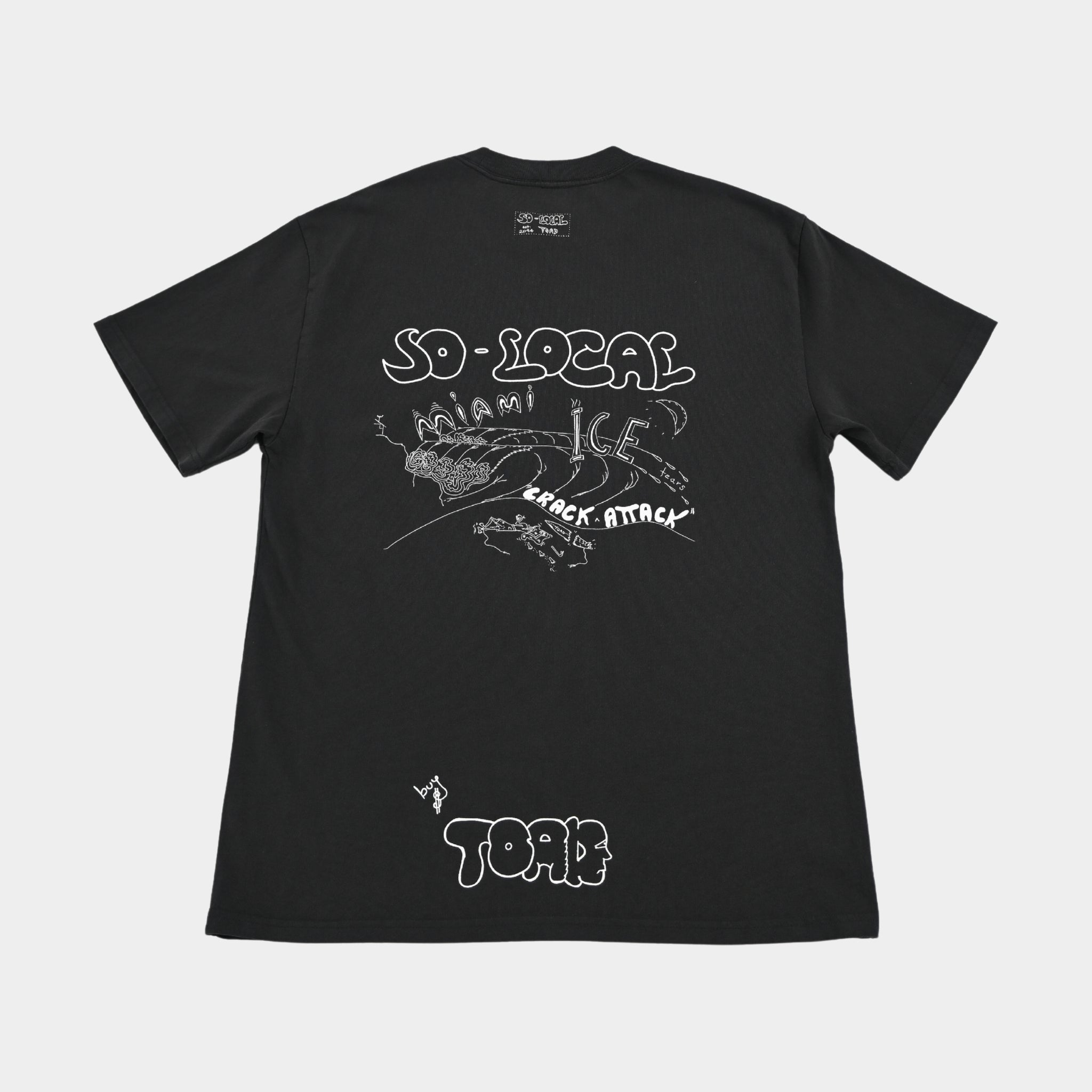 Back flatlay  MIAMI ICE heavy faded t-shirt in black, surf and skate streetwear, Gold Coast Australia  