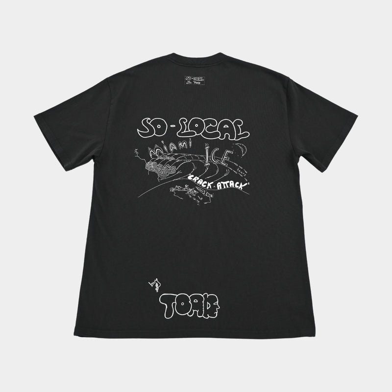 Back flatlay  MIAMI ICE heavy faded t-shirt in black, surf and skate streetwear, Gold Coast Australia  