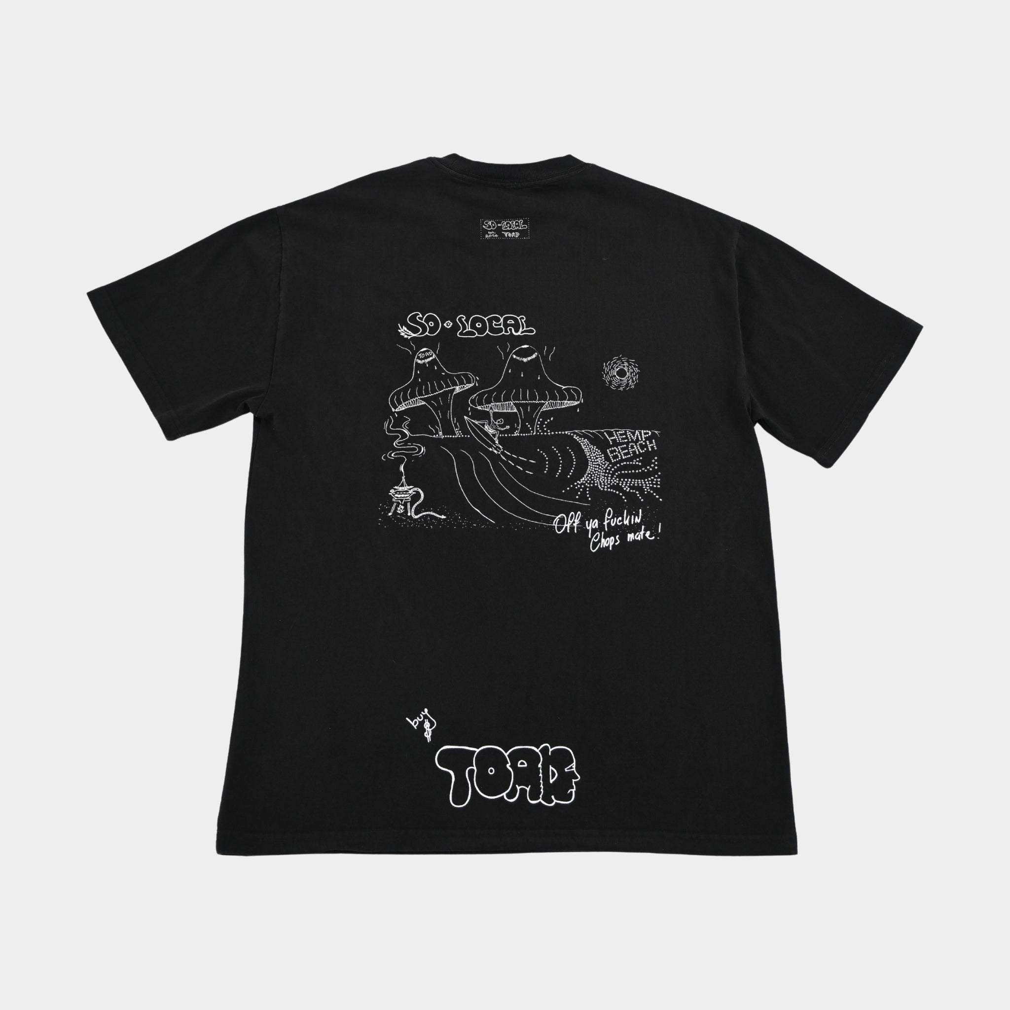 Back flatlay OFF YA F*CKIN CHOPS MATE (Hemp Beach)heavy faded t-shirt in black, surf and skate streetwear, Gold Coast Australia  