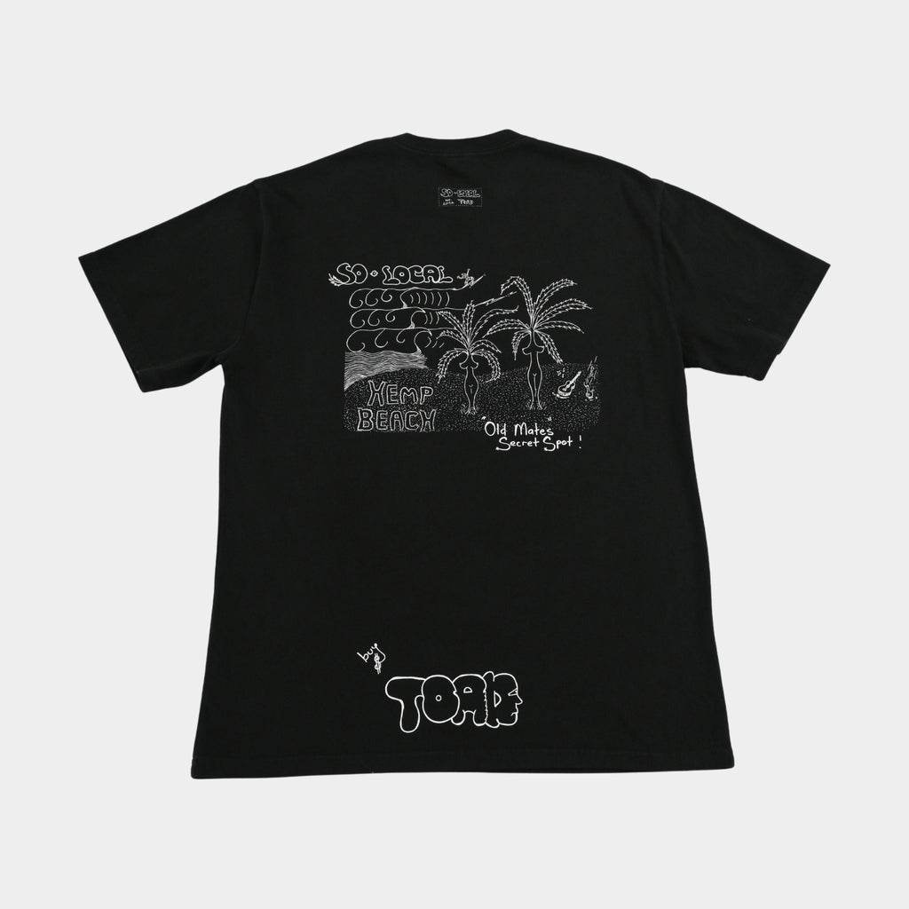 Back flatlay  OLD MATES SECRET SPOT (Hemp Beach) heavy faded t-shirt in black, surf and skate streetwear, Gold Coast Australia  