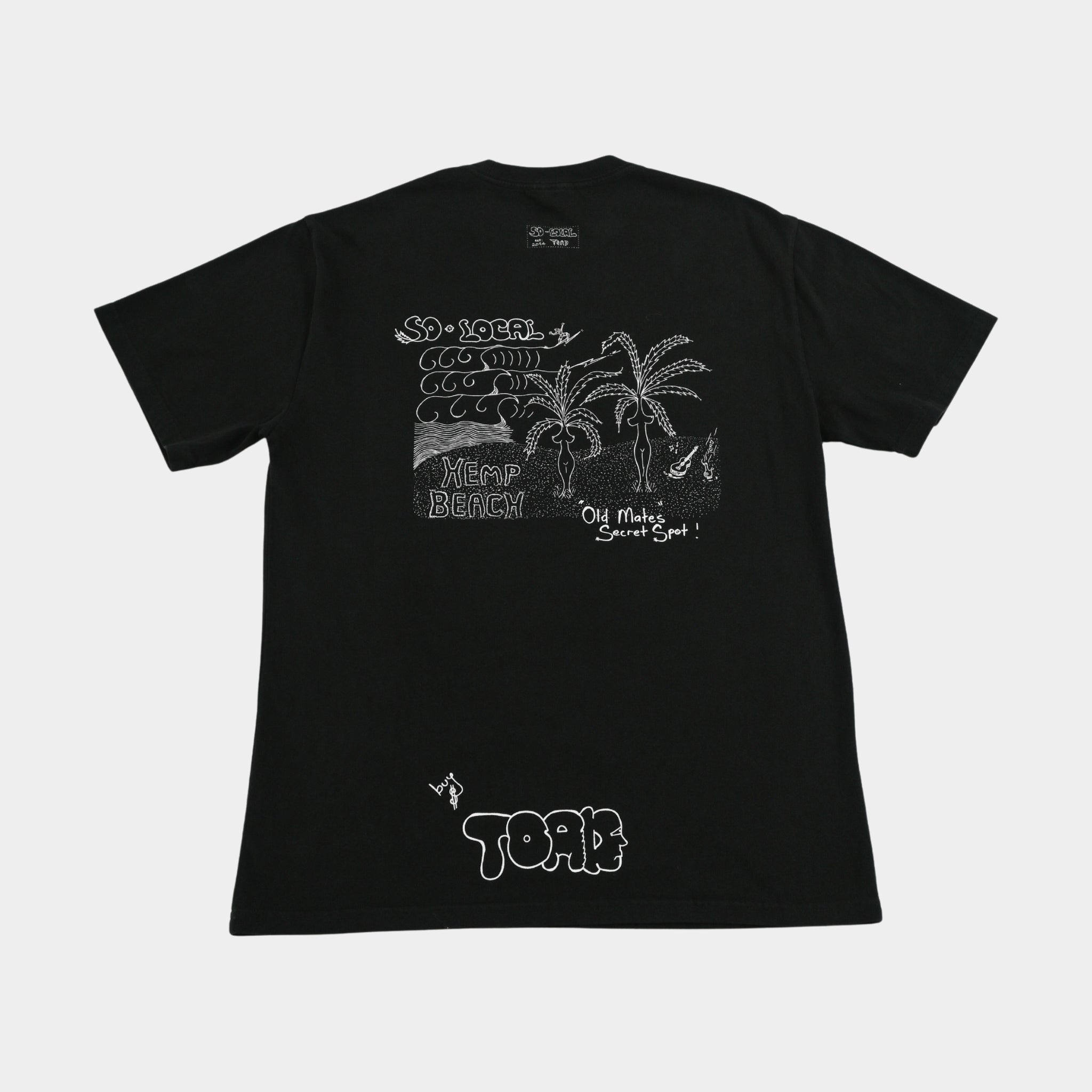 Back flatlay  OLD MATES SECRET SPOT (Hemp Beach) heavy faded t-shirt in black, surf and skate streetwear, Gold Coast Australia  