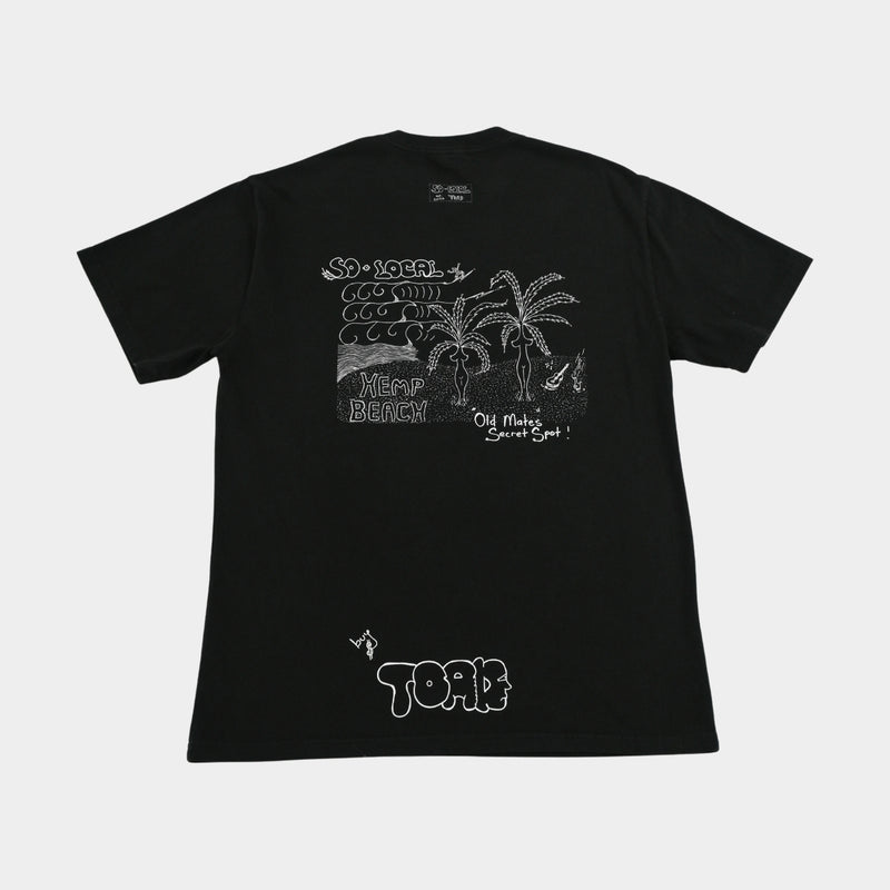 Back flatlay  OLD MATES SECRET SPOT (Hemp Beach) heavy faded t-shirt in black, surf and skate streetwear, Gold Coast Australia  