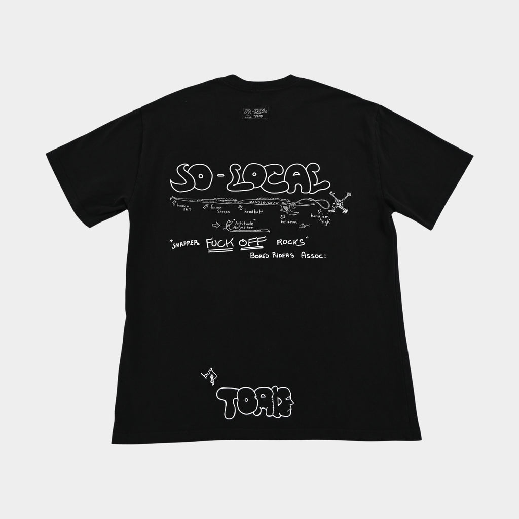 Back flatlay  SNAPPER F*CK OFF ROCKS heavy faded t-shirt in black, surf and skate streetwear, Gold Coast Australia   