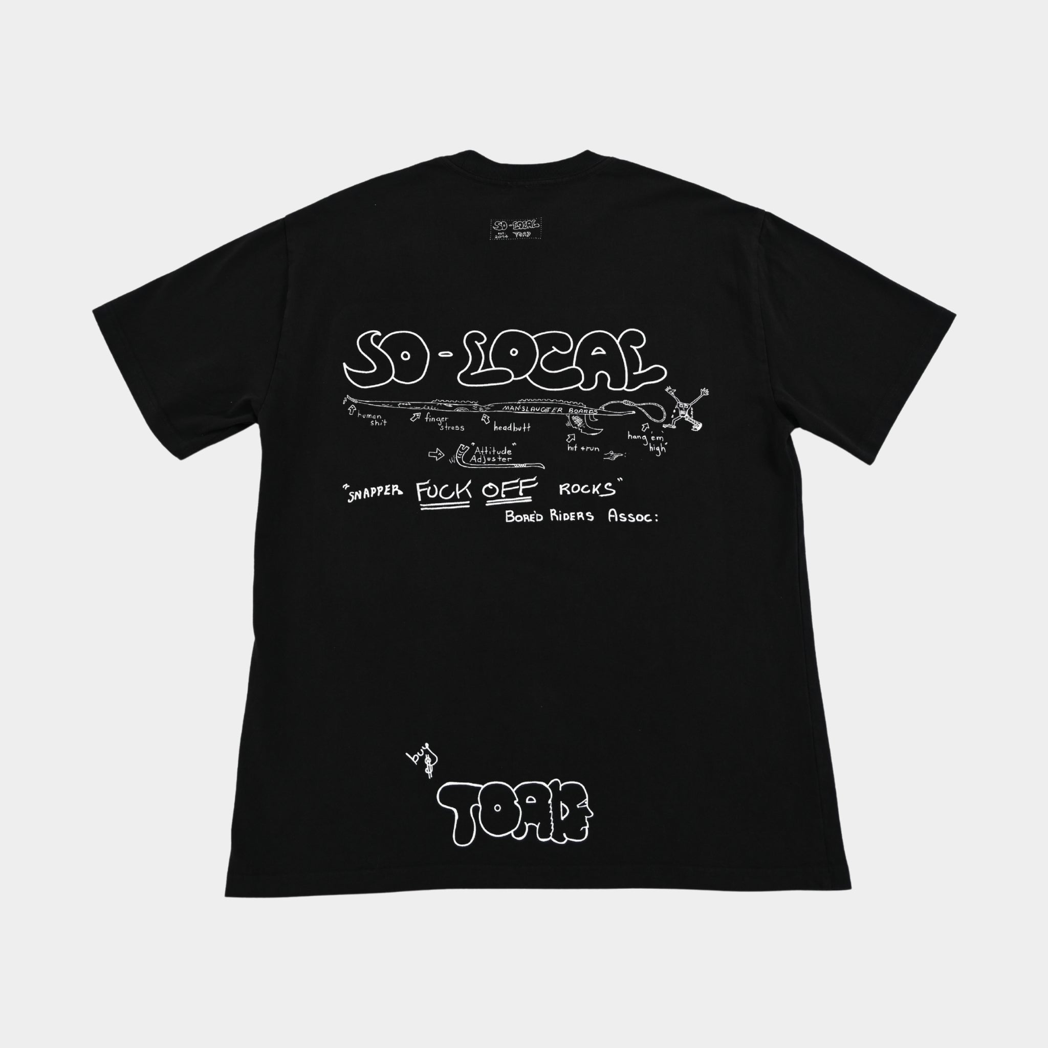 Back flatlay  SNAPPER F*CK OFF ROCKS heavy faded t-shirt in black, surf and skate streetwear, Gold Coast Australia   