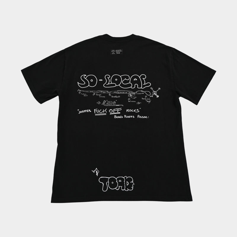 Back flatlay  SNAPPER F*CK OFF ROCKS heavy faded t-shirt in black, surf and skate streetwear, Gold Coast Australia   