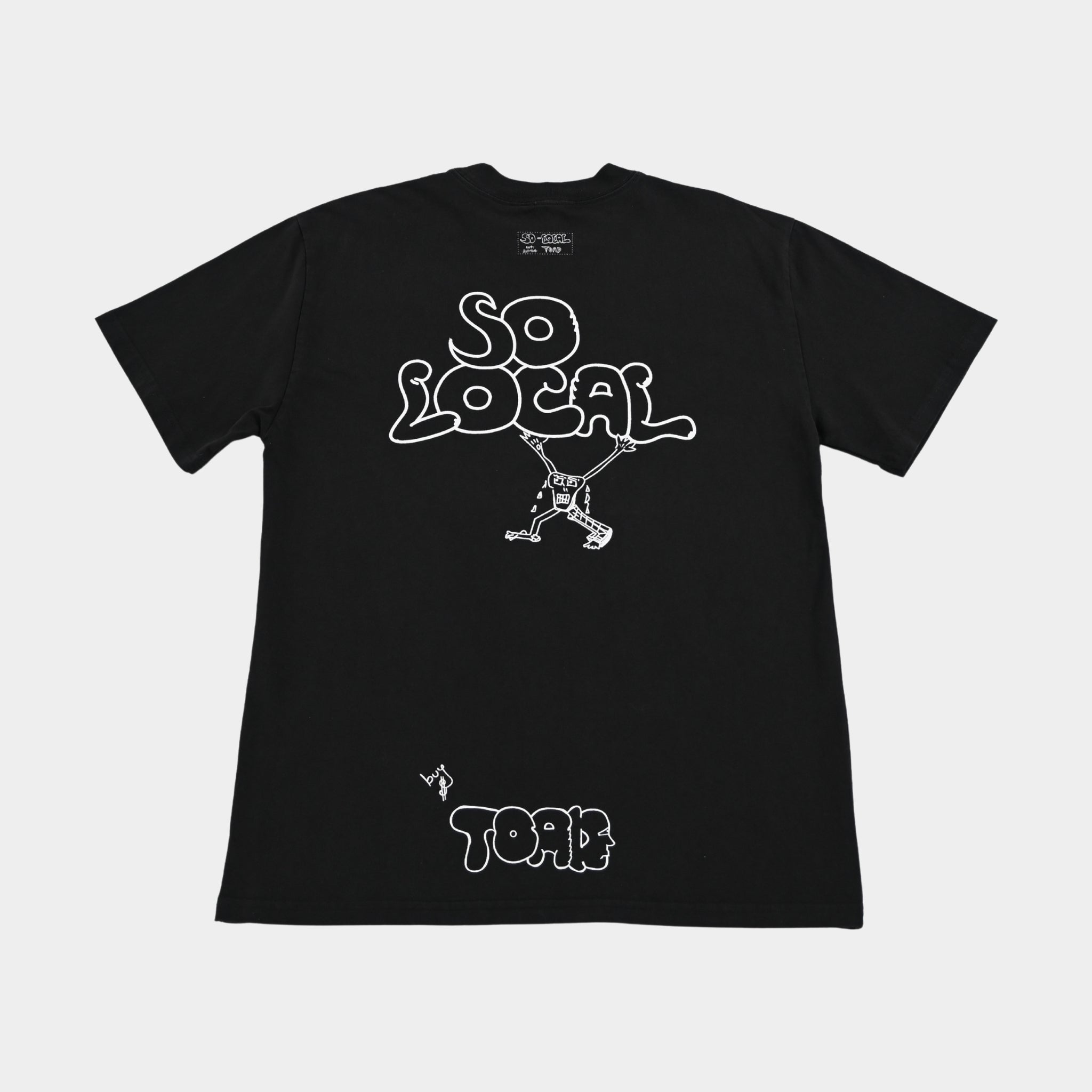 Back flatlay of SO LOCAL heavy faded t-shirt in black, surf and skate streetwear, Gold Coast Australia  