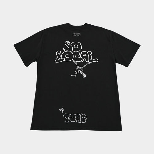 Back flatlay of SO LOCAL heavy faded t-shirt in black, surf and skate streetwear, Gold Coast Australia  