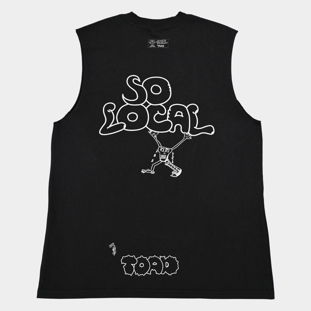 Back flatlay of SO LOCAC / TANK TEE heavy faded t-shirt in black, surf and skate streetwear, Gold Coast Australia  