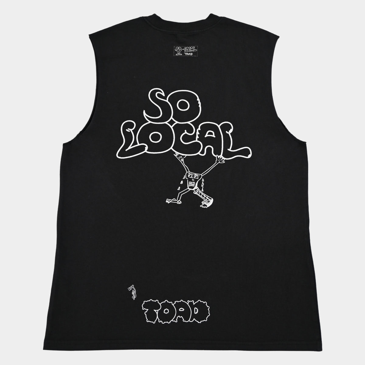 Back flatlay of SO LOCAC / TANK TEE heavy faded t-shirt in black, surf and skate streetwear, Gold Coast Australia  