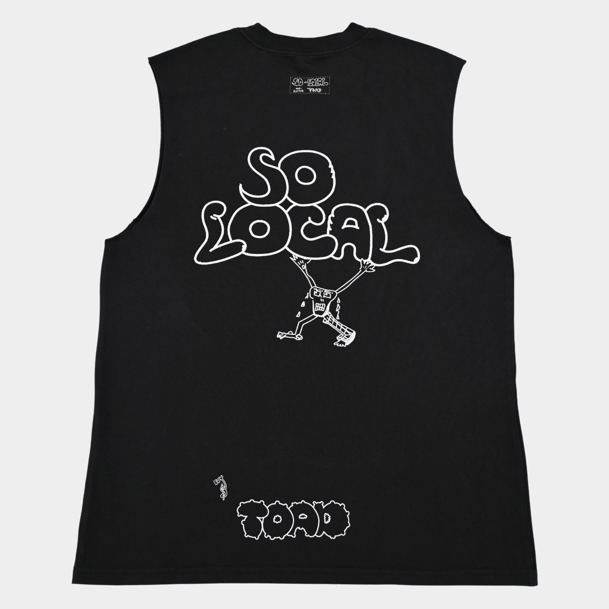 Back flatlay of SO LOCAC / TANK TEE heavy faded t-shirt in black, surf and skate streetwear, Gold Coast Australia  