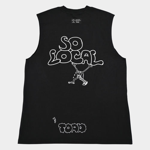 Back flatlay of SO LOCAC / TANK TEE heavy faded t-shirt in black, surf and skate streetwear, Gold Coast Australia  