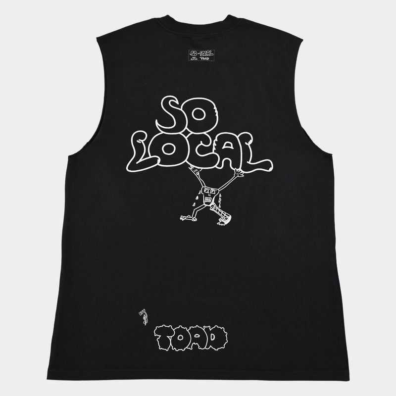 Back flatlay of SO LOCAC / TANK TEE heavy faded t-shirt in black, surf and skate streetwear, Gold Coast Australia  