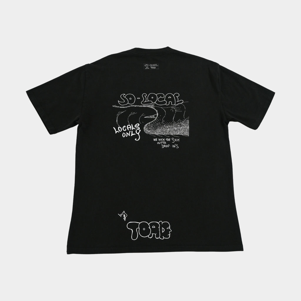 Back flatlay  WE KICK THE SH*T OUTTA OF DROP IN'S heavy faded t-shirt in black, surf and skate streetwear, Gold Coast Australia  