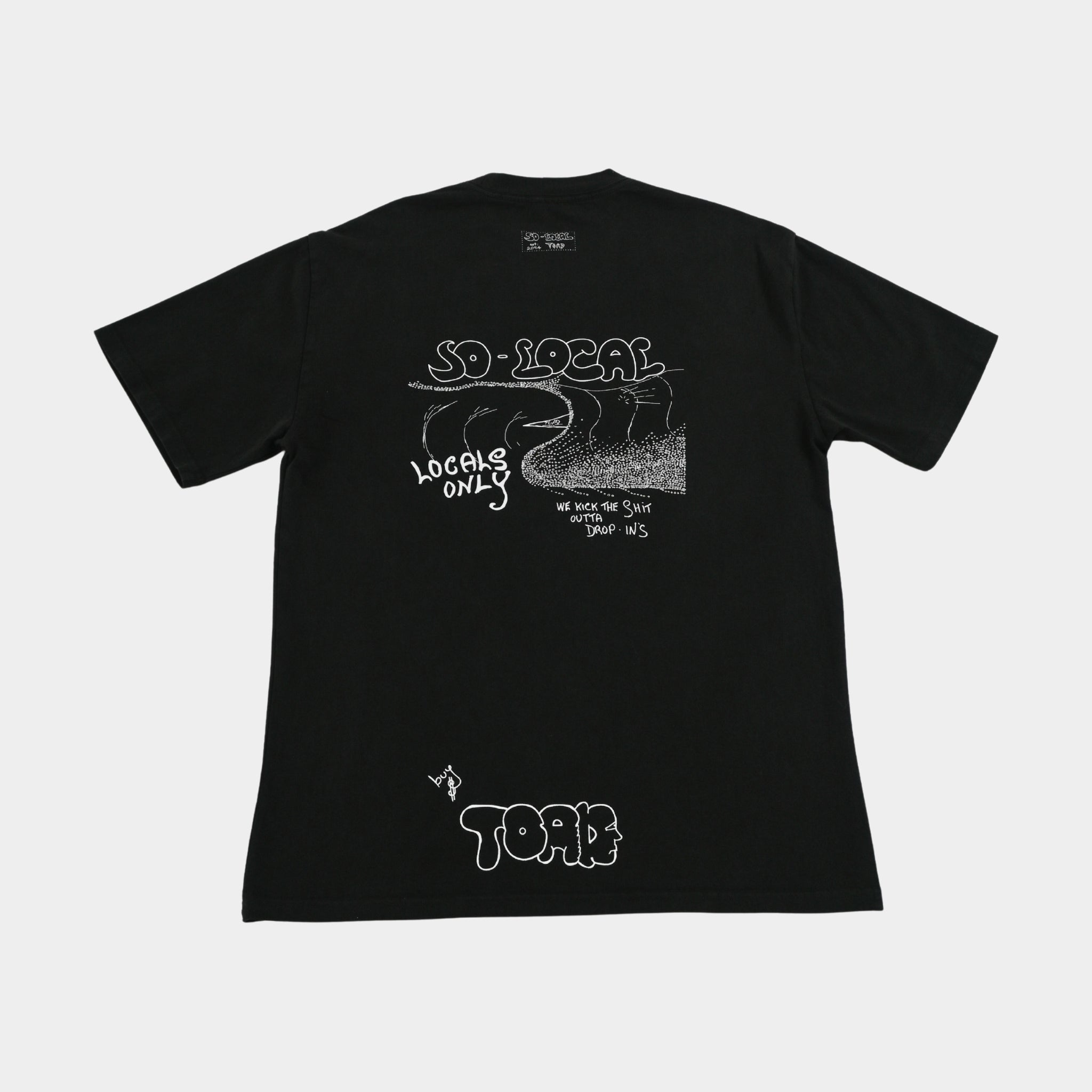 Back flatlay  WE KICK THE SH*T OUTTA OF DROP IN'S heavy faded t-shirt in black, surf and skate streetwear, Gold Coast Australia  