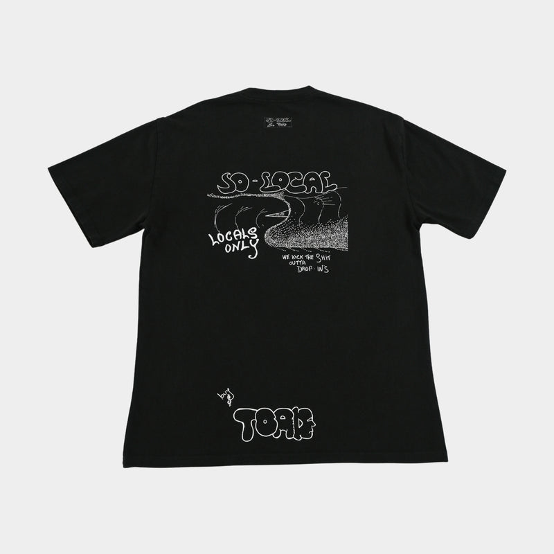 Back flatlay  WE KICK THE SH*T OUTTA OF DROP IN'S heavy faded t-shirt in black, surf and skate streetwear, Gold Coast Australia  