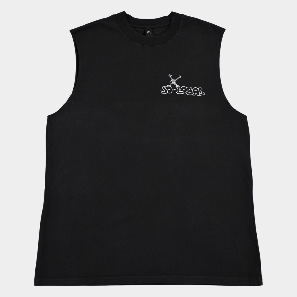 Front flatlay of SO LOCAC / TANK TEE heavy faded t-shirt in black, surf and skate streetwear, Gold Coast Australia  