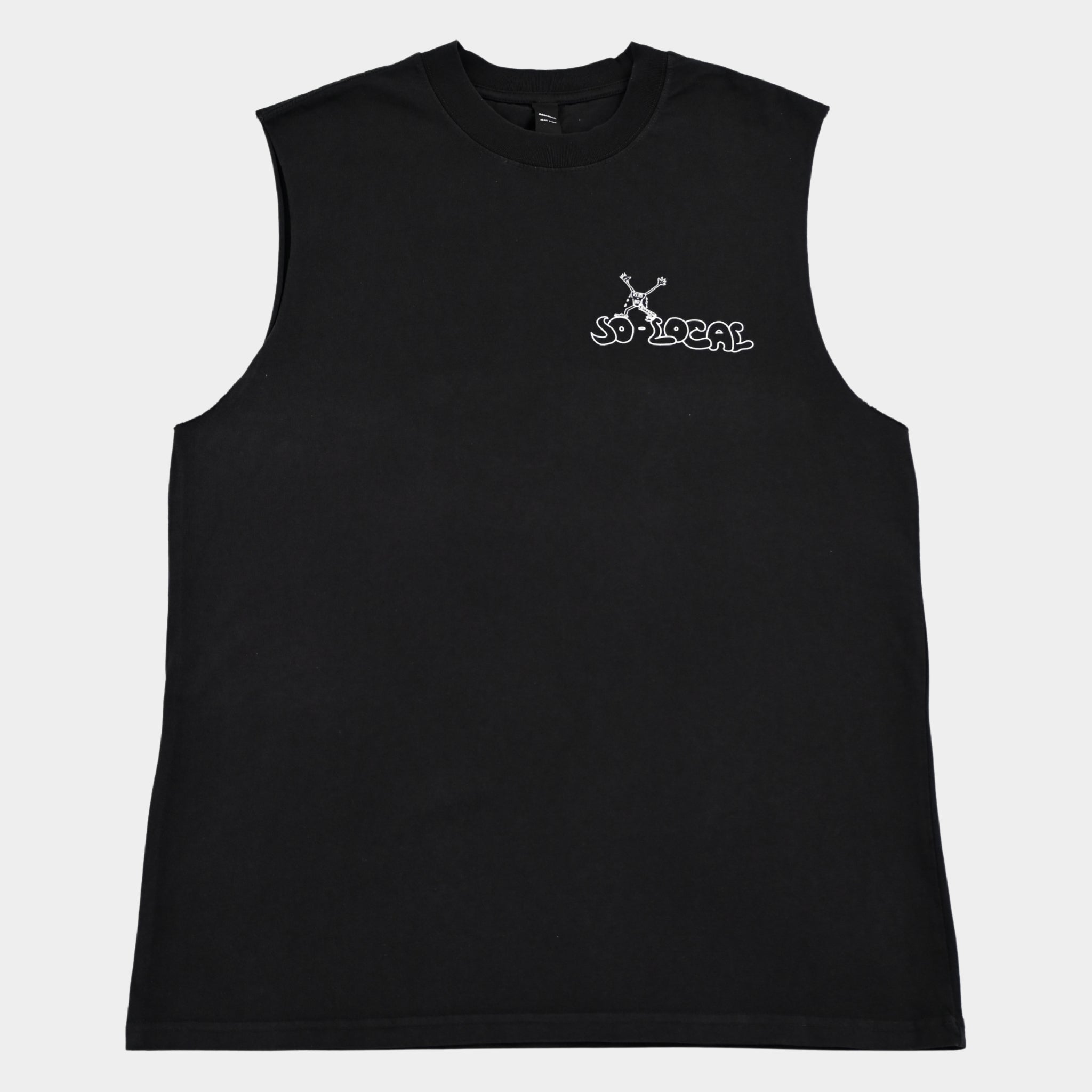 Front flatlay of SO LOCAC / TANK TEE heavy faded t-shirt in black, surf and skate streetwear, Gold Coast Australia  