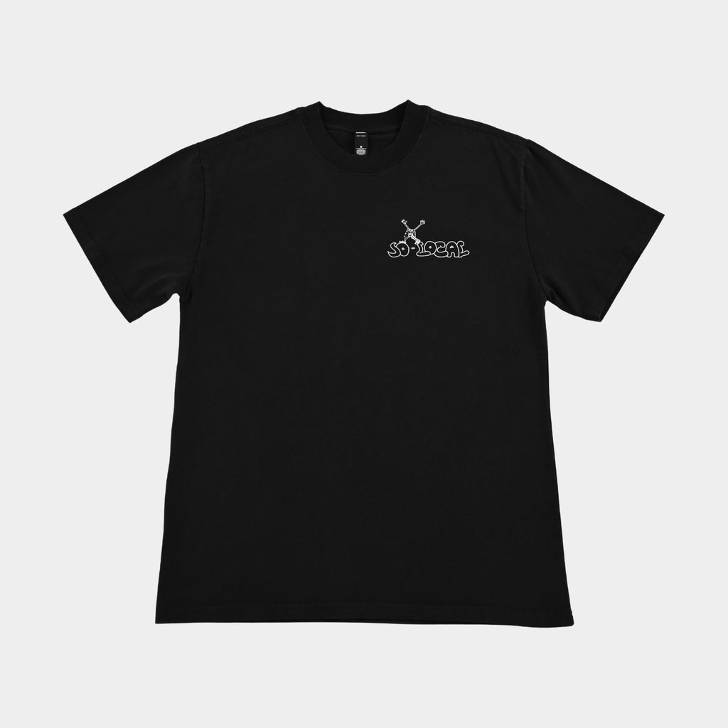 Front flatlay of SO LOCAL heavy faded t-shirt in black, surf and skate streetwear, Gold Coast Australia  