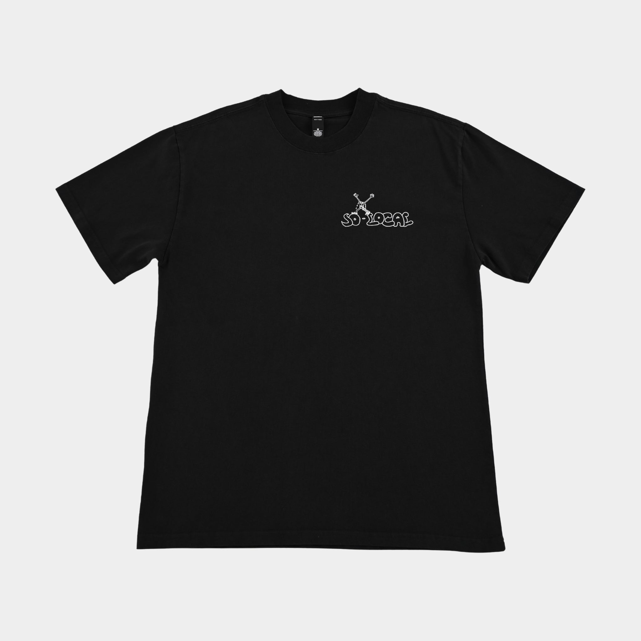 Front flatlay of SO LOCAL heavy faded t-shirt in black, surf and skate streetwear, Gold Coast Australia  