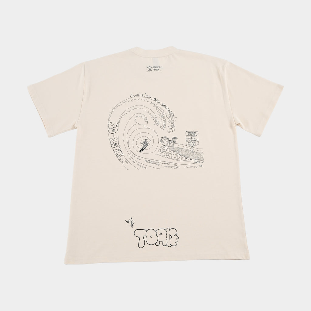 Back flatlay  BURLEIGH BALL BREAKERS heavy faded t-shirt in butter, surf and skate streetwear, Gold Coast Australia
