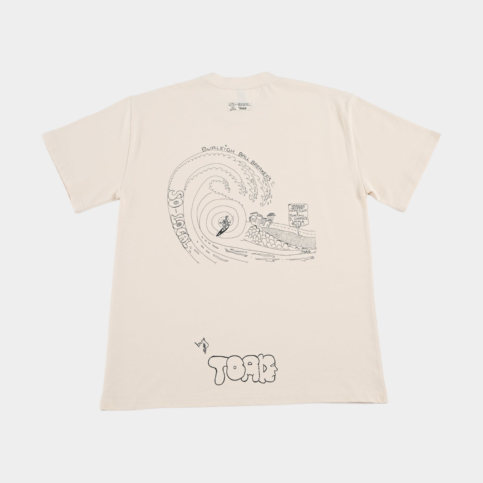 Back flatlay  BURLEIGH BALL BREAKERS heavy faded t-shirt in butter, surf and skate streetwear, Gold Coast Australia
