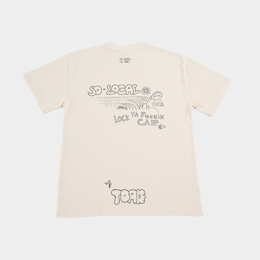 Back flatlay  CURRUMBIN ALLEY RATS heavy faded t-shirt in butter, surf and skate streetwear, Gold Coast Australia