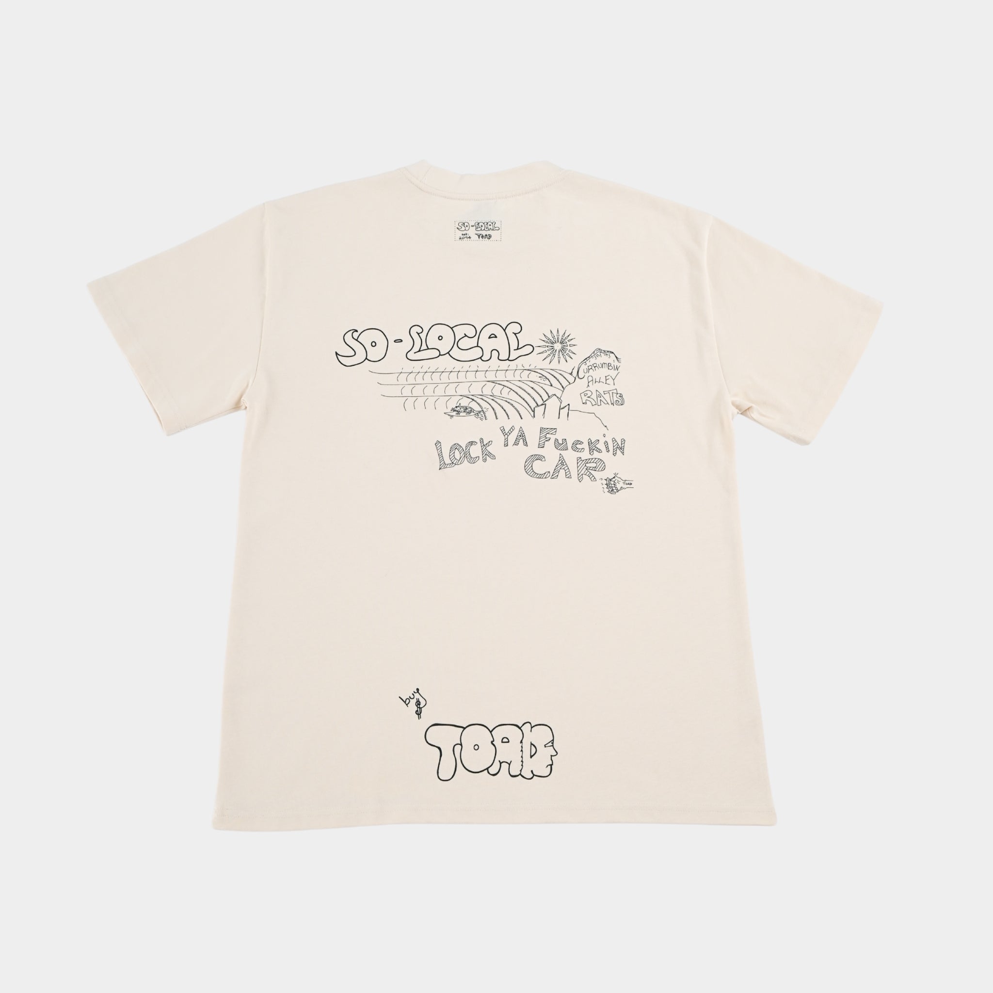 Back flatlay  CURRUMBIN ALLEY RATS heavy faded t-shirt in butter, surf and skate streetwear, Gold Coast Australia