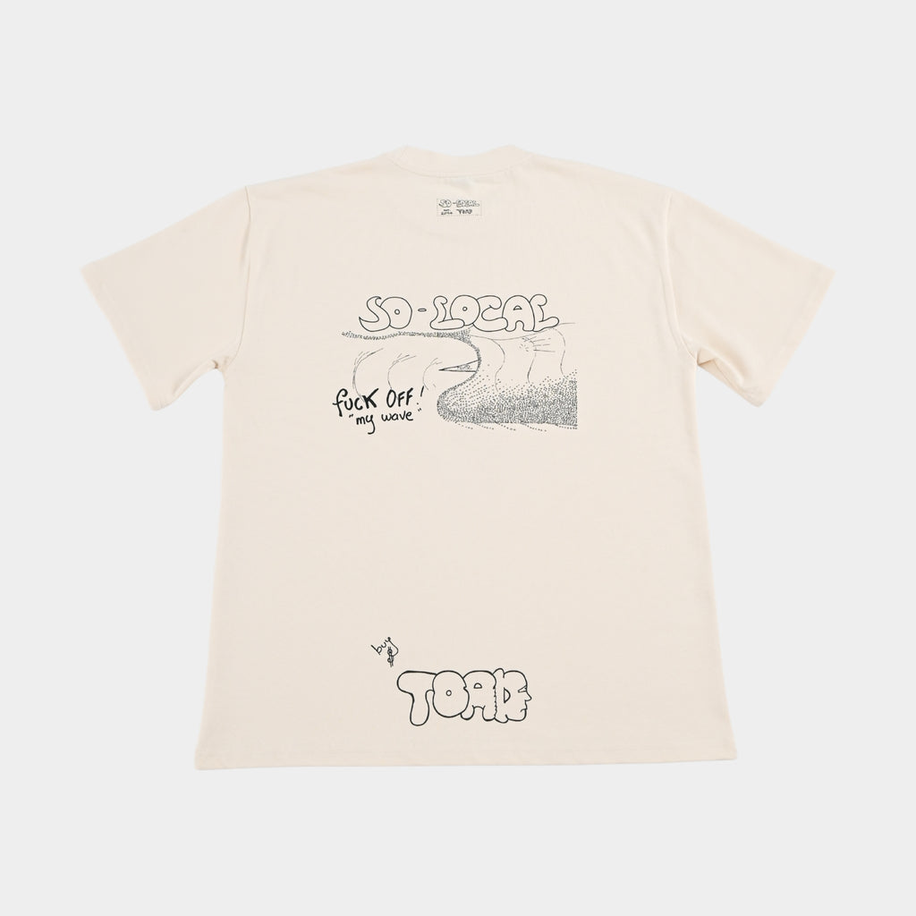 Back flatlay  F*CK OFF MY WAVE heavy faded t-shirt in butter, surf and skate streetwear, Gold Coast Australia