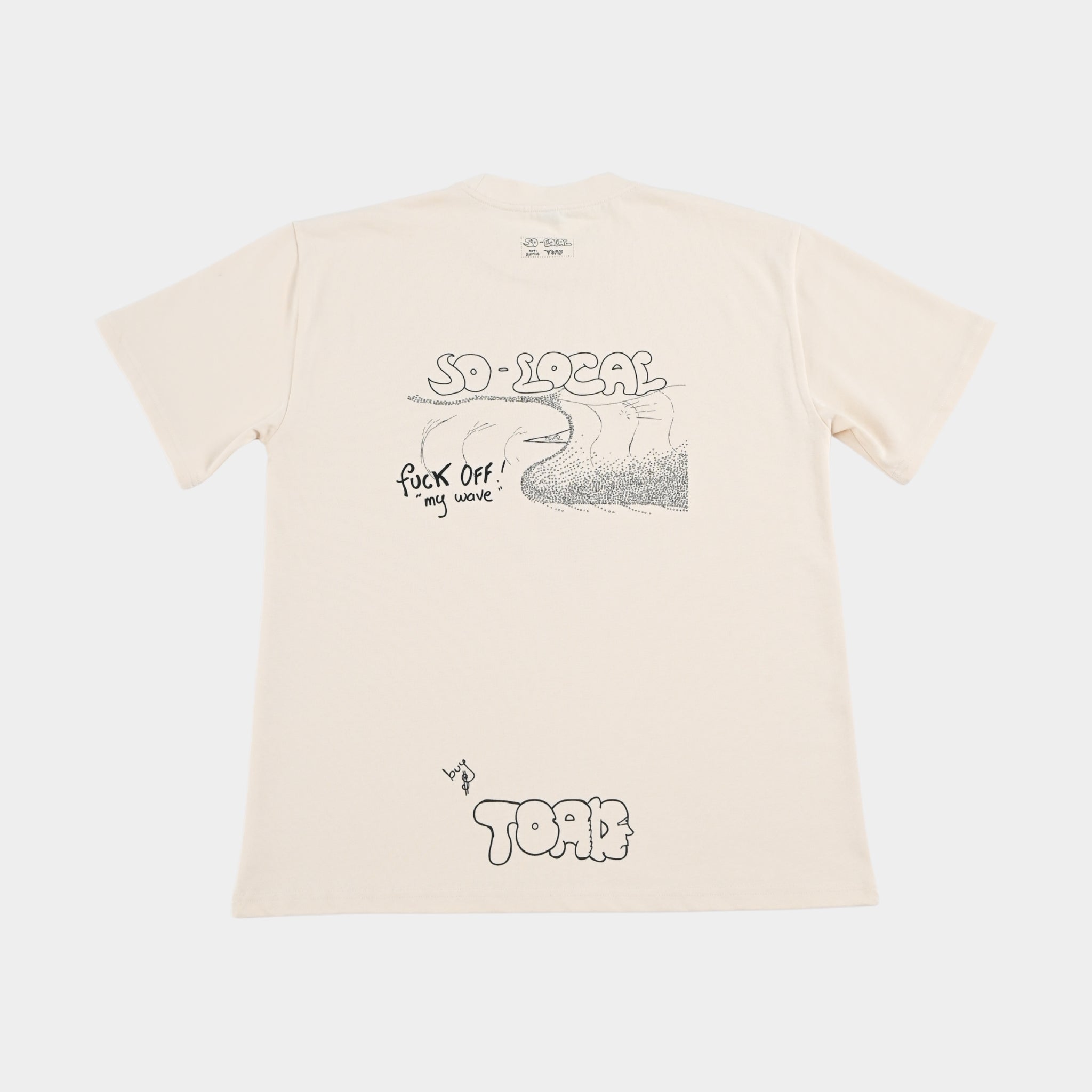 Back flatlay  F*CK OFF MY WAVE heavy faded t-shirt in butter, surf and skate streetwear, Gold Coast Australia