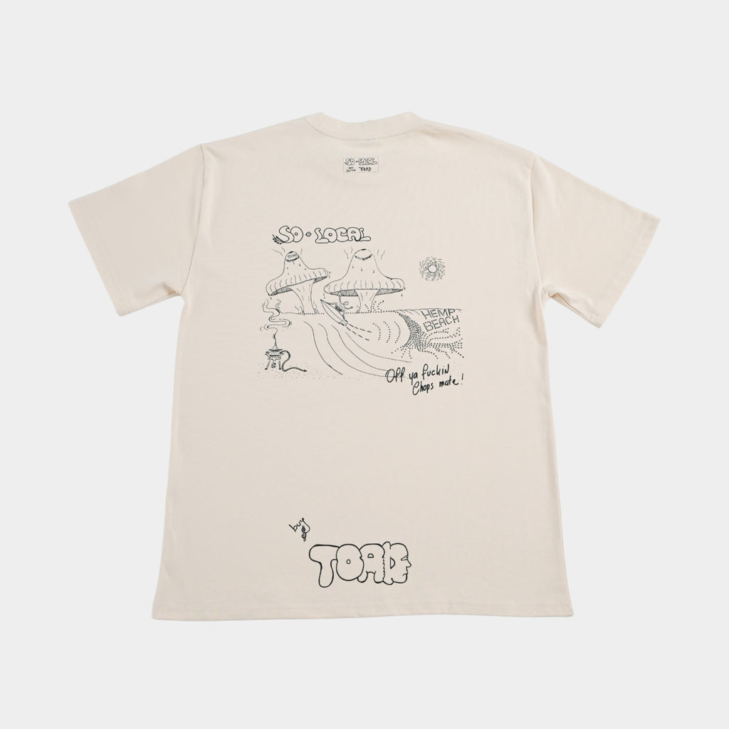 Back flatlay OFF YA F*CKIN CHOPS MATE (Hemp Beach)heavy faded t-shirt in butter, surf and skate streetwear, Gold Coast Australia