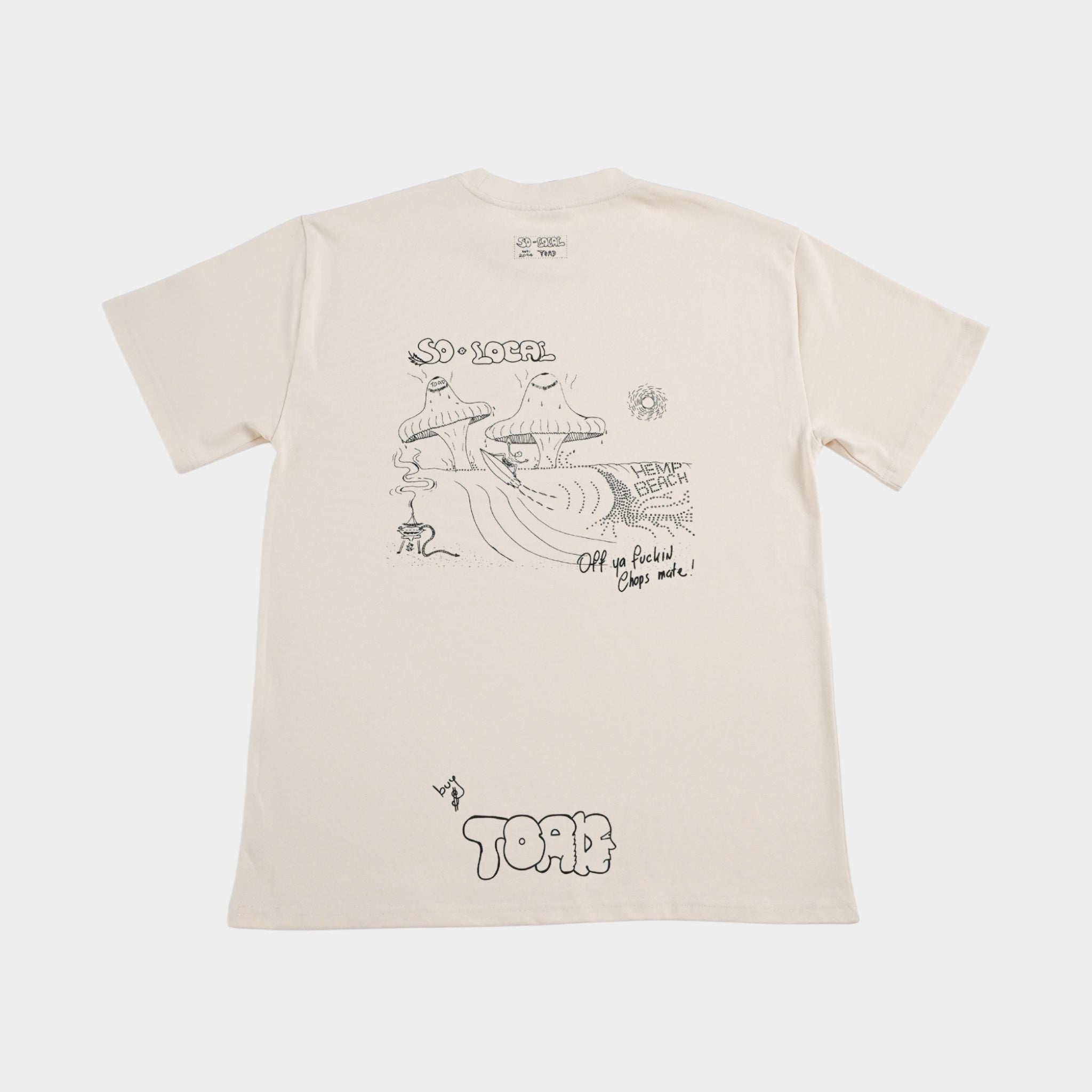 Back flatlay OFF YA F*CKIN CHOPS MATE (Hemp Beach)heavy faded t-shirt in butter, surf and skate streetwear, Gold Coast Australia