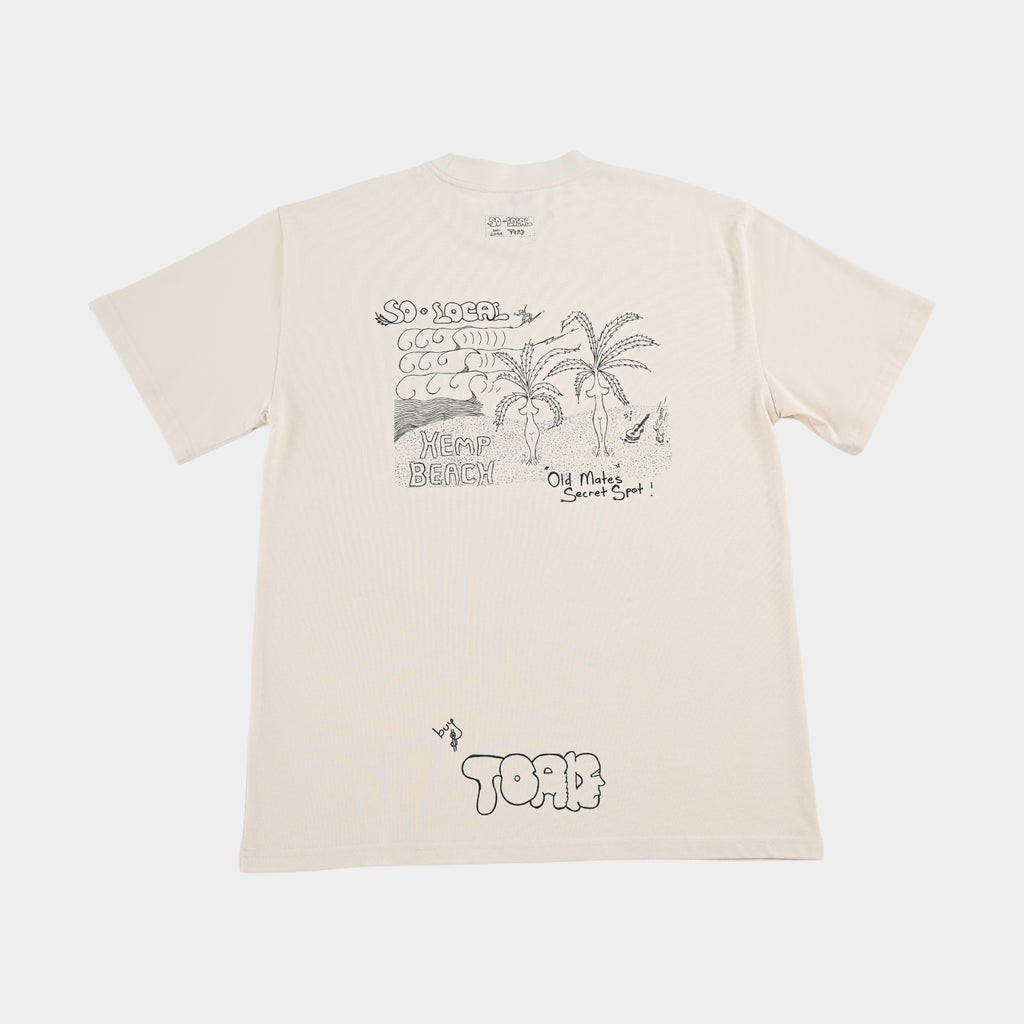 Back flatlay  OLD MATES SECRET SPOT (Hemp Beach) heavy faded t-shirt in butter, surf and skate streetwear, Gold Coast Australia