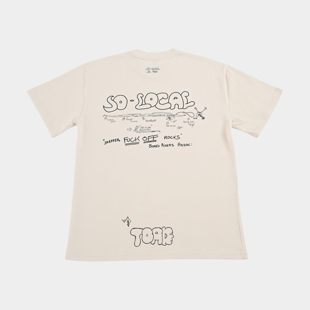 Back flatlay  SNAPPER F*CK OFF ROCKS heavy faded t-shirt in butter, surf and skate streetwear, Gold Coast Australia