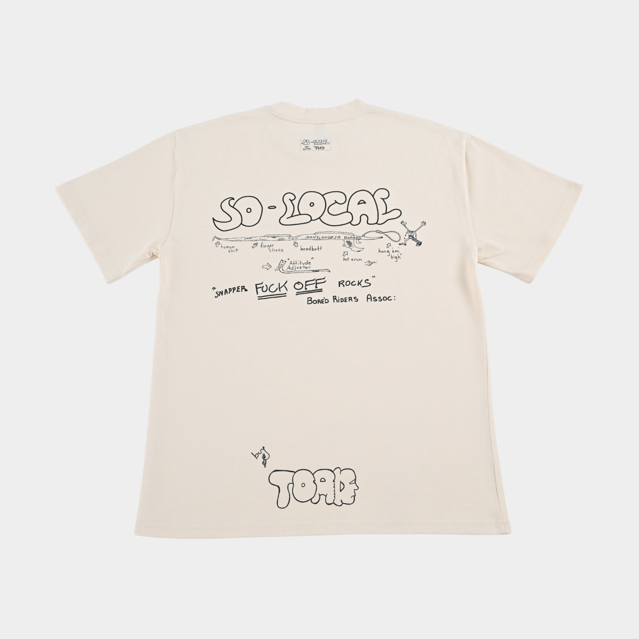 Back flatlay  SNAPPER F*CK OFF ROCKS heavy faded t-shirt in butter, surf and skate streetwear, Gold Coast Australia