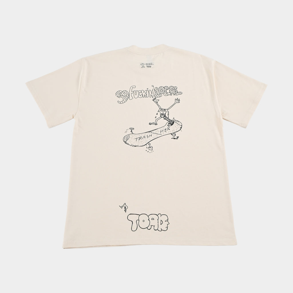 Back flatlay  SO F*CKING LOCAL "Trash Her" heavy faded t-shirt in butter, surf and skate streetwear, Gold Coast Australia