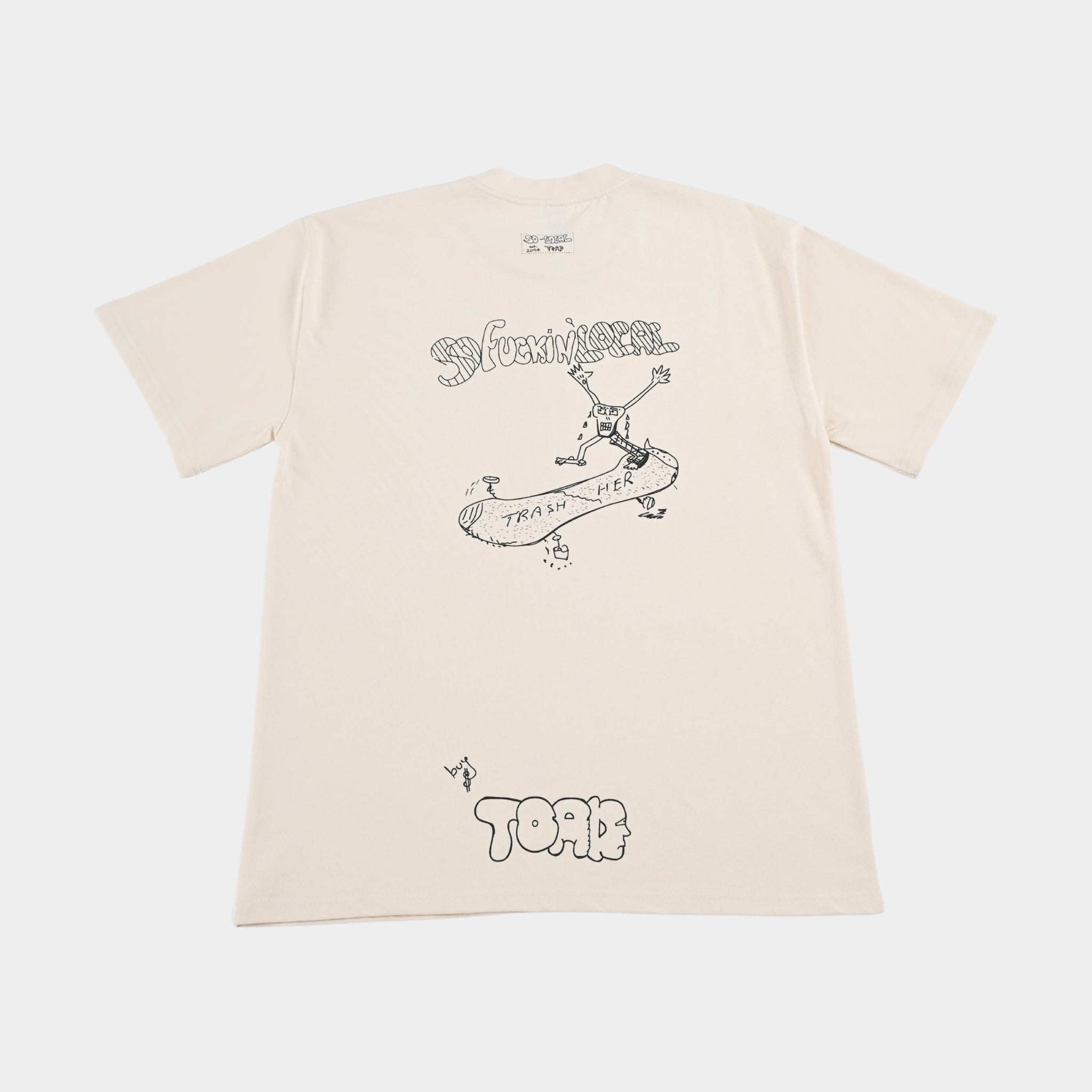 Back flatlay  SO F*CKING LOCAL "Trash Her" heavy faded t-shirt in butter, surf and skate streetwear, Gold Coast Australia