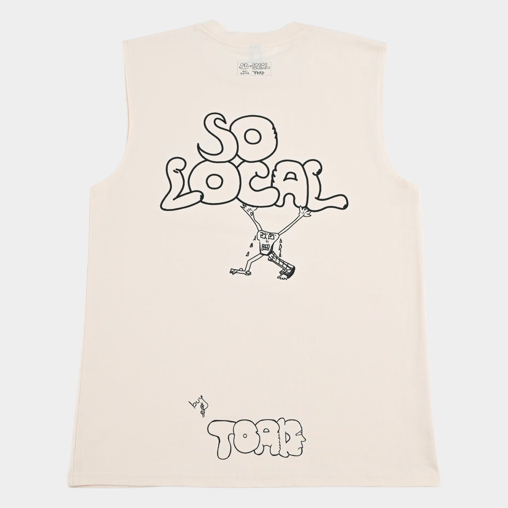 Back flatlay of SO LOCAC / TANK TEE heavy faded t-shirt in butter, surf and skate streetwear, Gold Coast Australia  